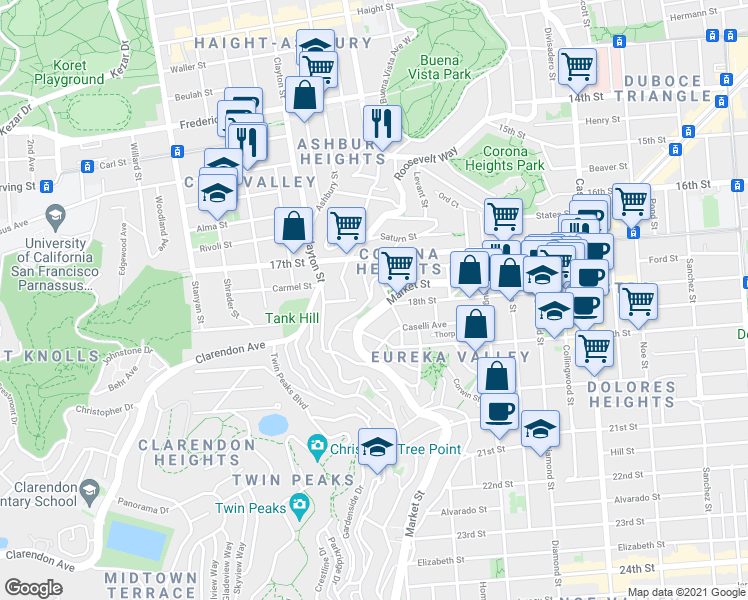 map of restaurants, bars, coffee shops, grocery stores, and more near 3092 Merritt Street in San Francisco