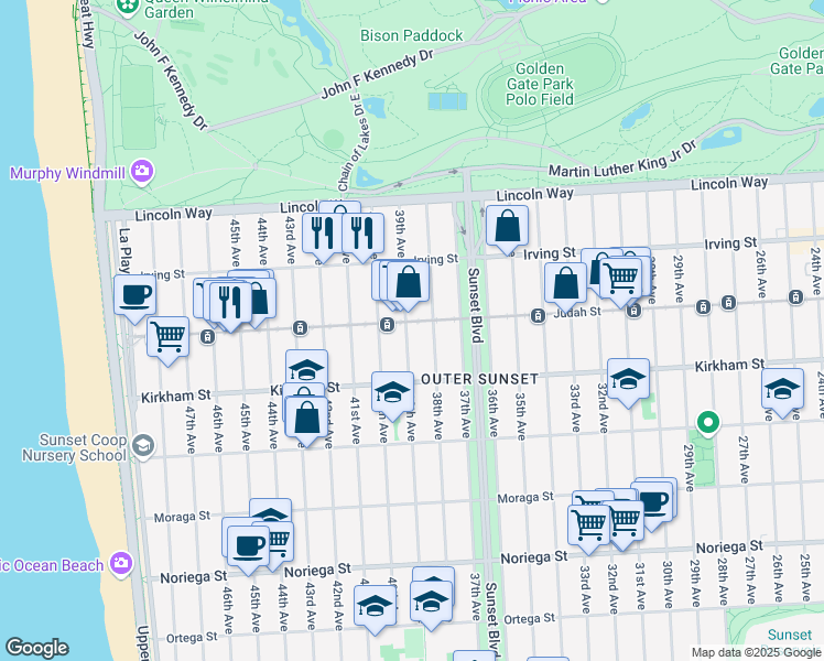map of restaurants, bars, coffee shops, grocery stores, and more near 3300 Judah Street in San Francisco
