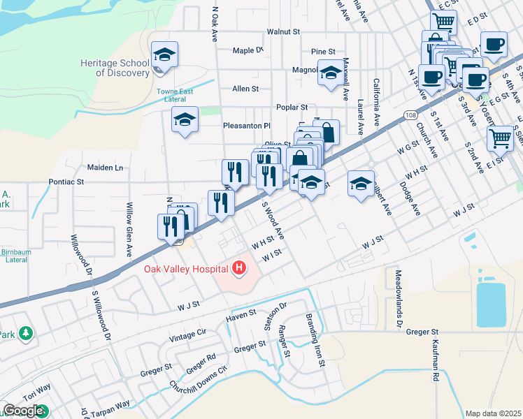 map of restaurants, bars, coffee shops, grocery stores, and more near 150 South Wood Avenue in Oakdale