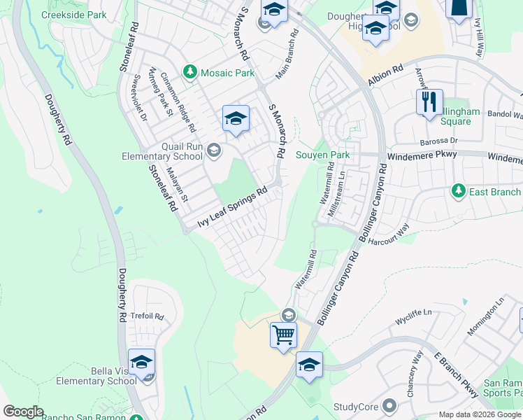 map of restaurants, bars, coffee shops, grocery stores, and more near 5131 Rowan Drive in San Ramon