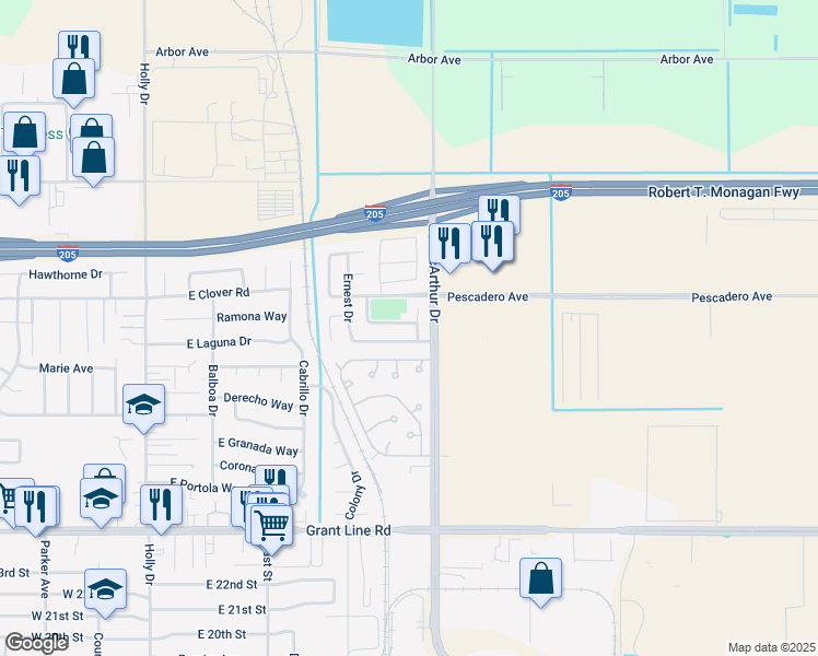 map of restaurants, bars, coffee shops, grocery stores, and more near 632 Carol Louise Lane in Tracy