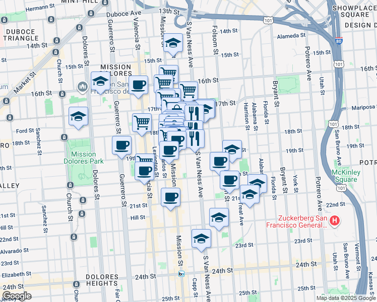 map of restaurants, bars, coffee shops, grocery stores, and more near 355 Capp Street in San Francisco
