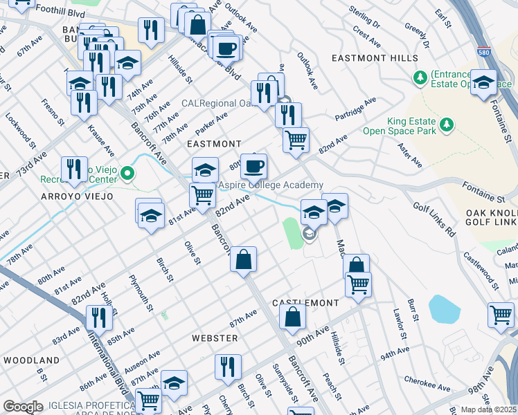 map of restaurants, bars, coffee shops, grocery stores, and more near 2333 83rd Avenue in Oakland