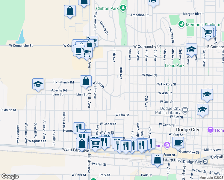 map of restaurants, bars, coffee shops, grocery stores, and more near 1301 11th Avenue in Dodge City