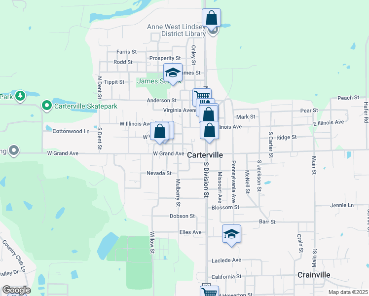 map of restaurants, bars, coffee shops, grocery stores, and more near 701 James Street in Carterville