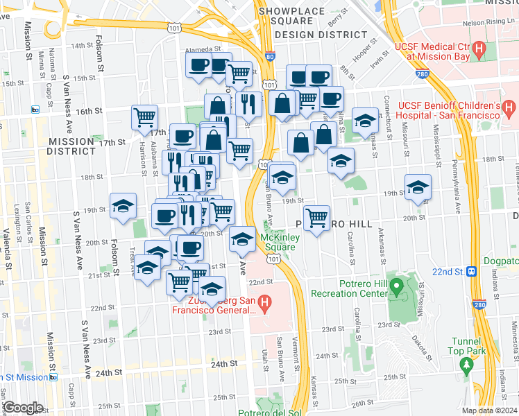 map of restaurants, bars, coffee shops, grocery stores, and more near 2321 19th Street in San Francisco