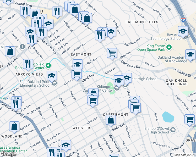 map of restaurants, bars, coffee shops, grocery stores, and more near 2333 83rd Avenue in Oakland