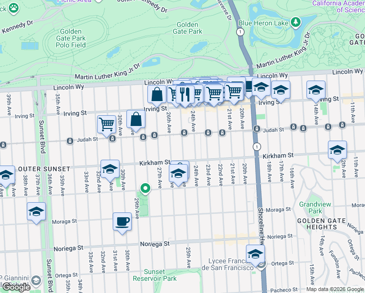 map of restaurants, bars, coffee shops, grocery stores, and more near 25th Avenue in San Francisco