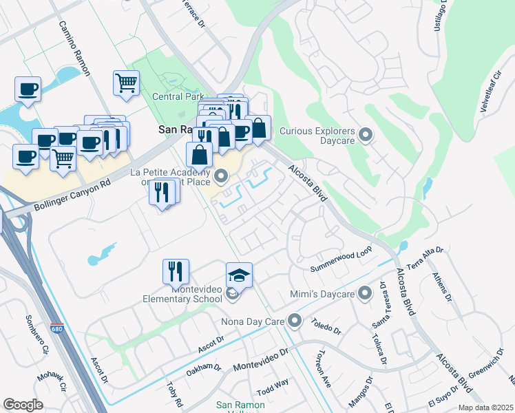 map of restaurants, bars, coffee shops, grocery stores, and more near Springfield Drive in San Ramon