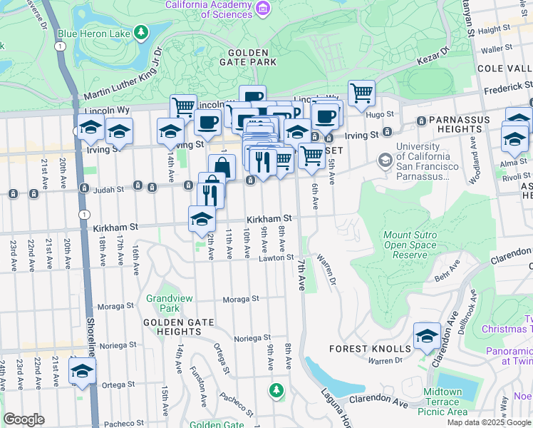 map of restaurants, bars, coffee shops, grocery stores, and more near 1466 9th Avenue in San Francisco
