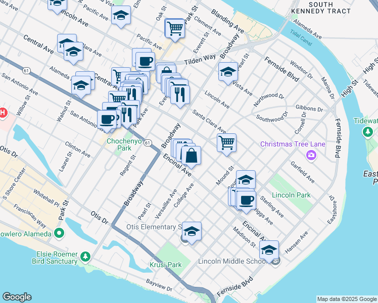 map of restaurants, bars, coffee shops, grocery stores, and more near 1340 Pearl Street in Alameda