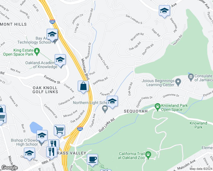 map of restaurants, bars, coffee shops, grocery stores, and more near 3953 Turnley Avenue in Oakland