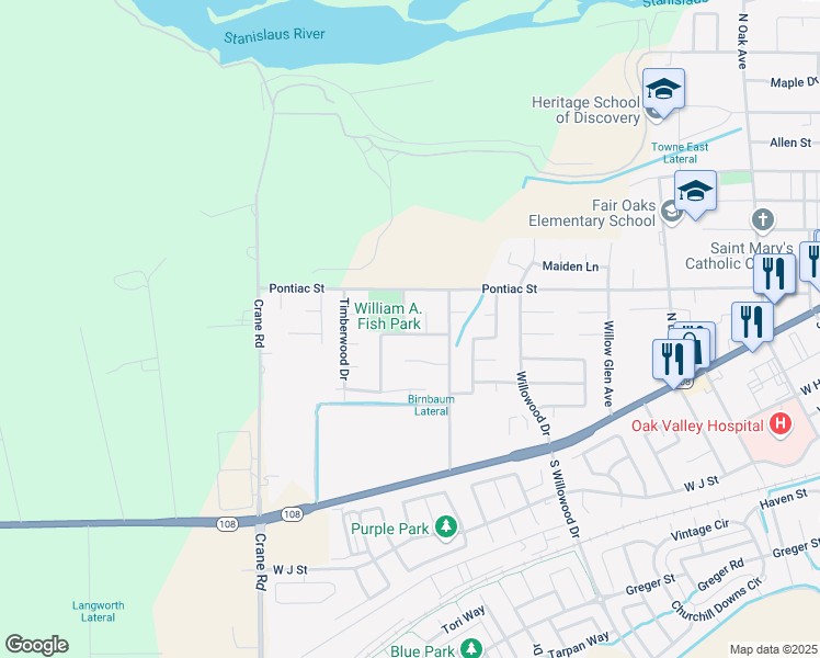 map of restaurants, bars, coffee shops, grocery stores, and more near 257 Cliffwood Way in Oakdale