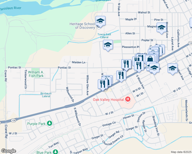 map of restaurants, bars, coffee shops, grocery stores, and more near 1675 Valmor Court in Oakdale