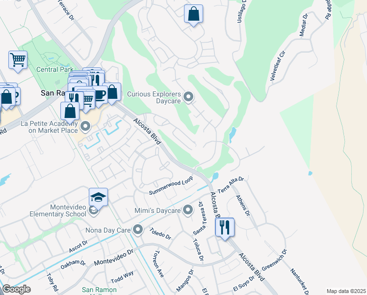 map of restaurants, bars, coffee shops, grocery stores, and more near 2000 Canyon Woods Drive in San Ramon