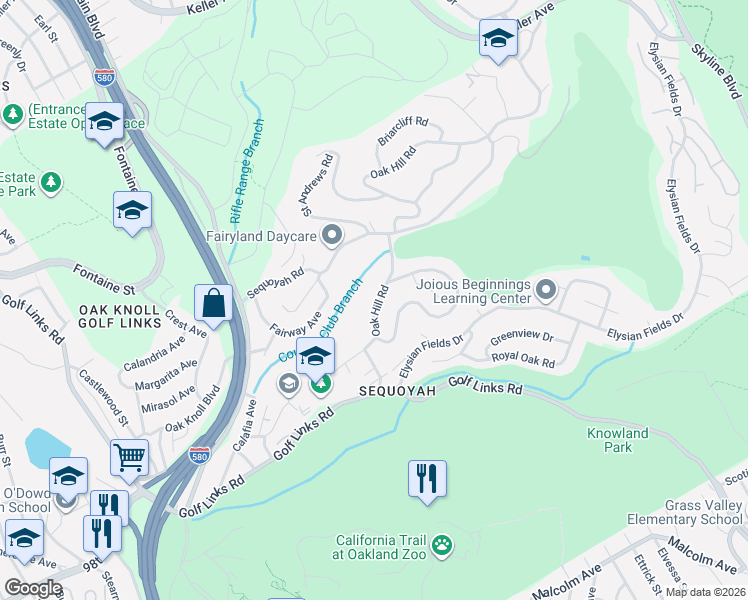 map of restaurants, bars, coffee shops, grocery stores, and more near 4091 Oak Hill Road in Oakland