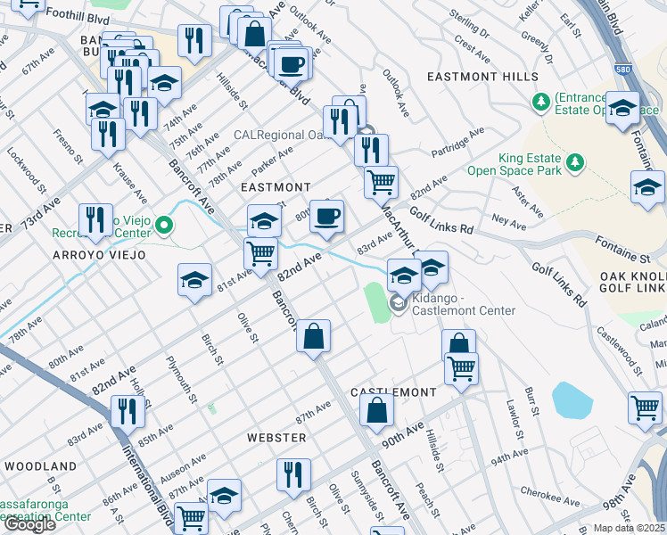 map of restaurants, bars, coffee shops, grocery stores, and more near 2342 82nd Avenue in Oakland