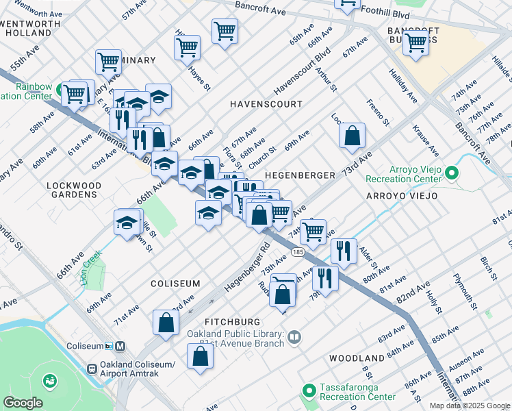 map of restaurants, bars, coffee shops, grocery stores, and more near in Oakland