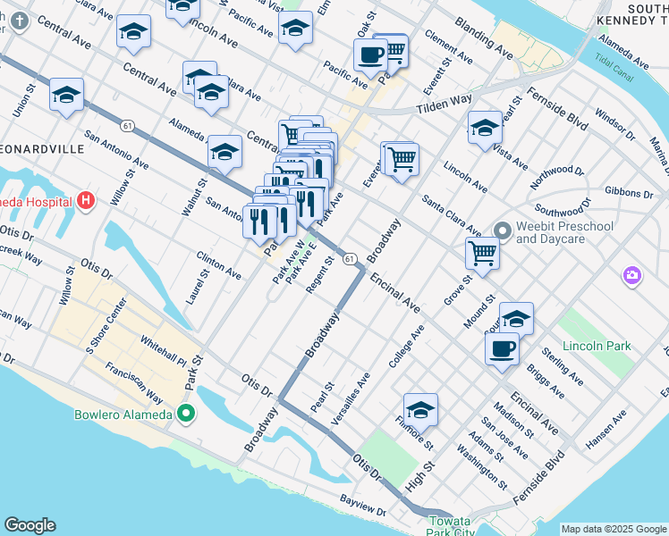 map of restaurants, bars, coffee shops, grocery stores, and more near 1251 Regent Street in Alameda