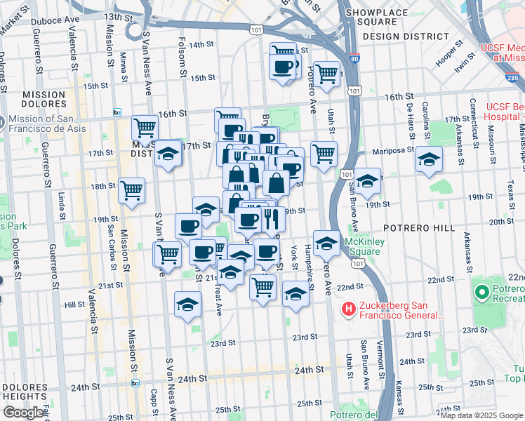 map of restaurants, bars, coffee shops, grocery stores, and more near 2070 Bryant Street in San Francisco