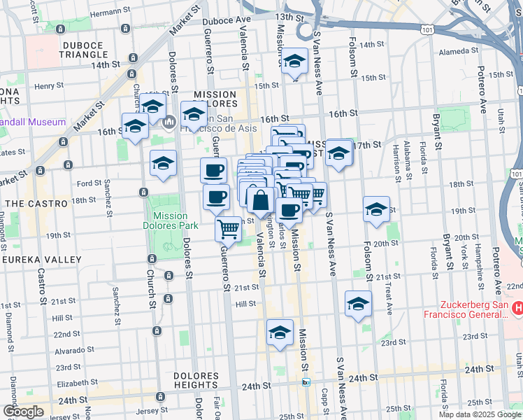 map of restaurants, bars, coffee shops, grocery stores, and more near 144 Lexington Street in San Francisco