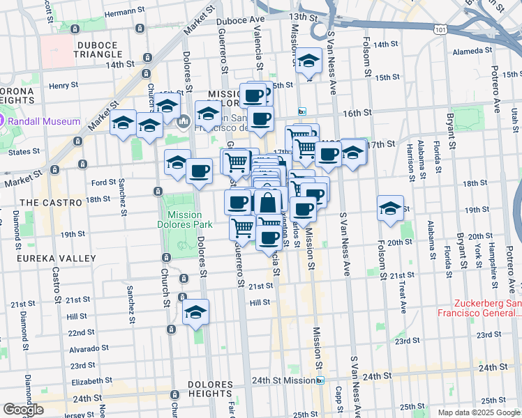 map of restaurants, bars, coffee shops, grocery stores, and more near 36 Lapidge Street in San Francisco
