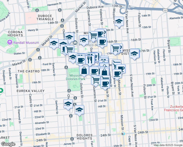 map of restaurants, bars, coffee shops, grocery stores, and more near 630 Guerrero Street in San Francisco
