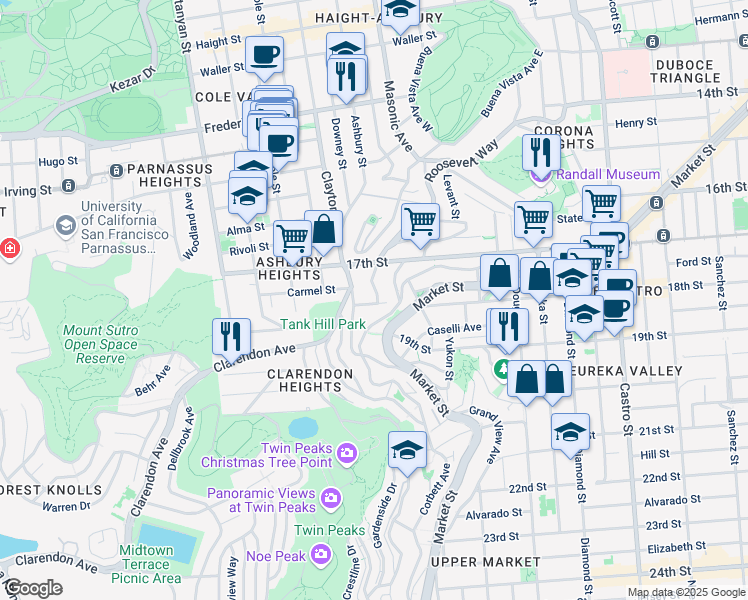 map of restaurants, bars, coffee shops, grocery stores, and more near 71 Uranus Terrace in San Francisco