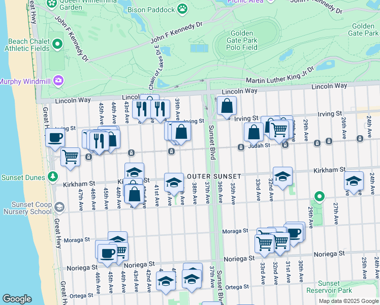map of restaurants, bars, coffee shops, grocery stores, and more near 3300 Judah Street in San Francisco