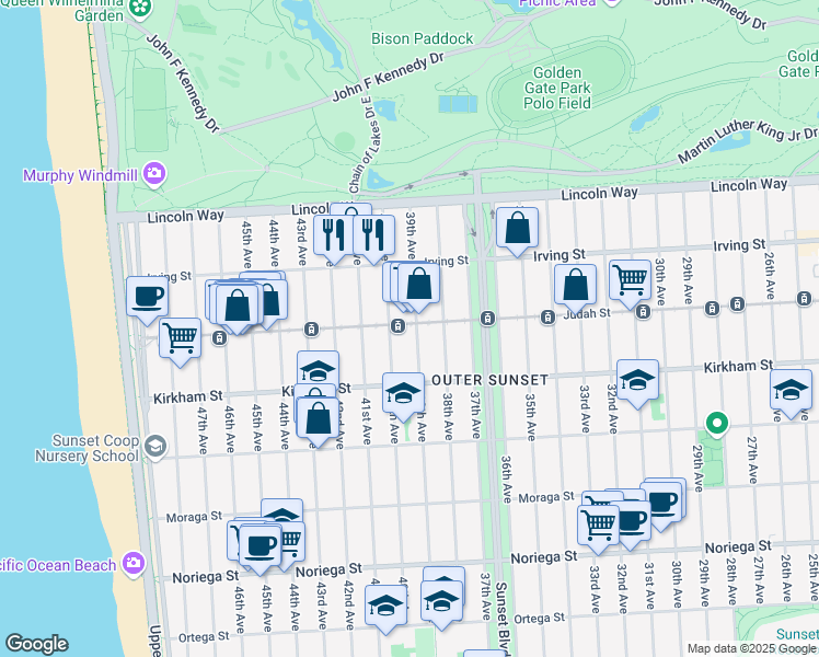 map of restaurants, bars, coffee shops, grocery stores, and more near 3426 Judah Street in San Francisco