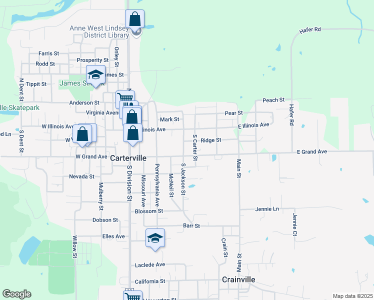 map of restaurants, bars, coffee shops, grocery stores, and more near 147-207 South Jackson Street in Carterville