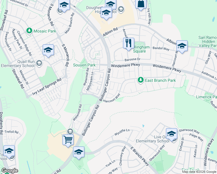 map of restaurants, bars, coffee shops, grocery stores, and more near 2426 Milford Drive in San Ramon