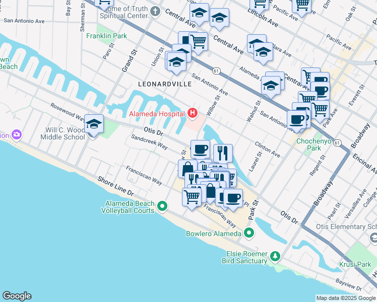 map of restaurants, bars, coffee shops, grocery stores, and more near 2100 Otis Drive in Alameda
