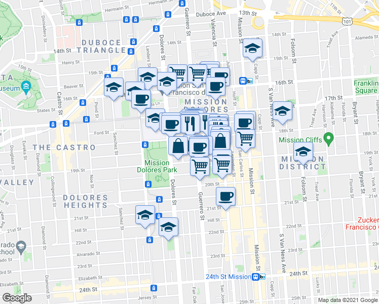 map of restaurants, bars, coffee shops, grocery stores, and more near 630 Guerrero Street in San Francisco