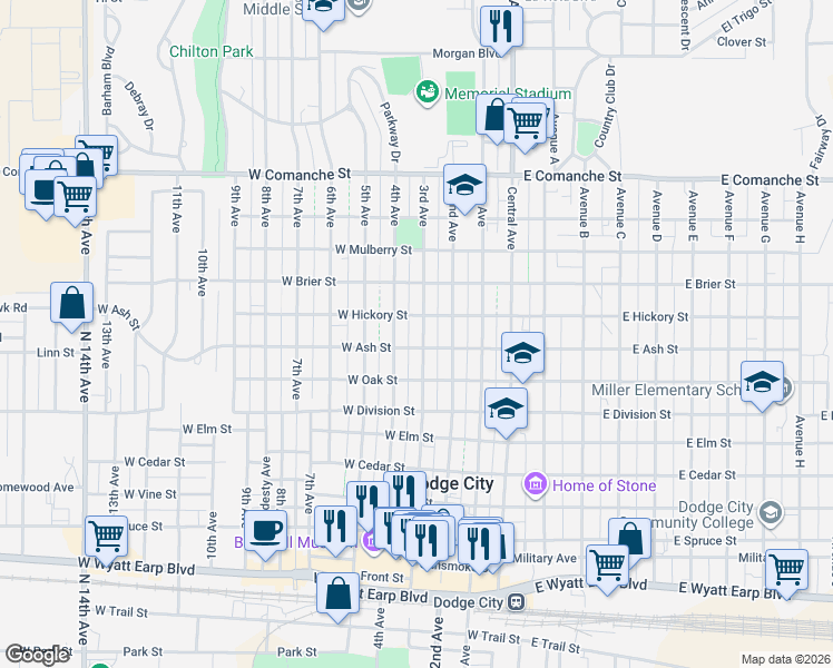 map of restaurants, bars, coffee shops, grocery stores, and more near 1305 3rd Avenue in Dodge City
