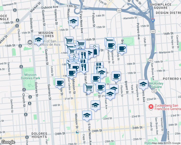 map of restaurants, bars, coffee shops, grocery stores, and more near 442 Shotwell Street in San Francisco
