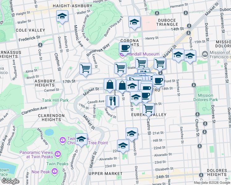 map of restaurants, bars, coffee shops, grocery stores, and more near 18th St & Douglass St in San Francisco