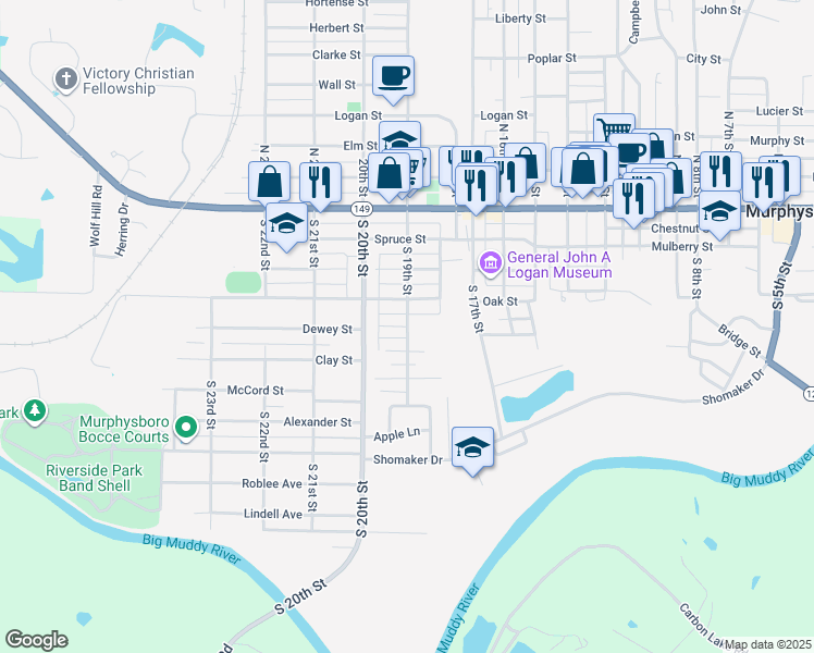 map of restaurants, bars, coffee shops, grocery stores, and more near 424 S 19th St in Murphysboro