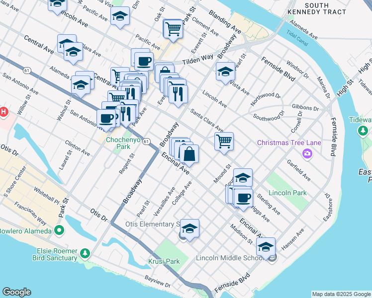 map of restaurants, bars, coffee shops, grocery stores, and more near 1340 Pearl Street in Alameda