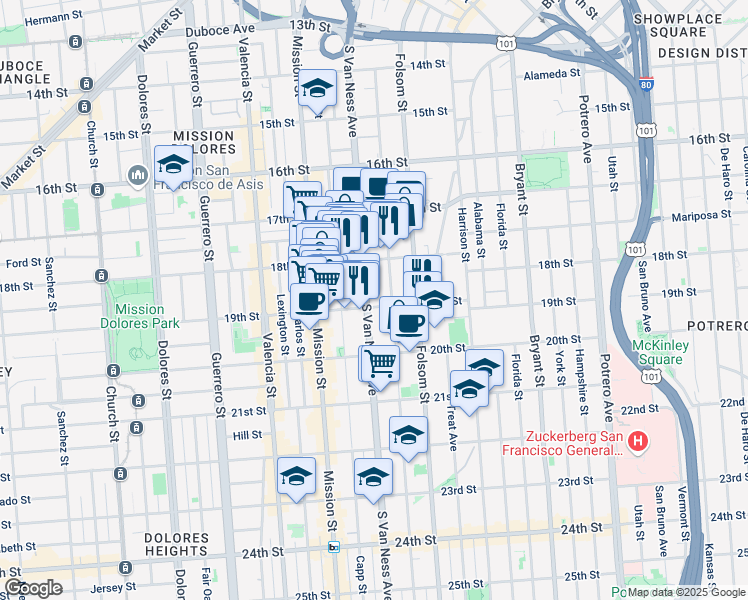 map of restaurants, bars, coffee shops, grocery stores, and more near 442 Shotwell Street in San Francisco