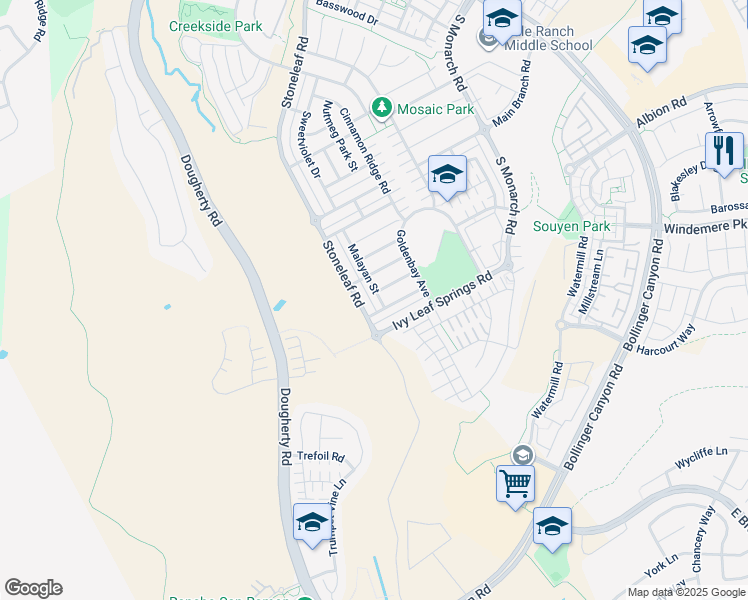 map of restaurants, bars, coffee shops, grocery stores, and more near 4625 Malayan Street in San Ramon