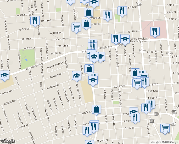 map of restaurants, bars, coffee shops, grocery stores, and more near 1548 Frederica Street in Owensboro