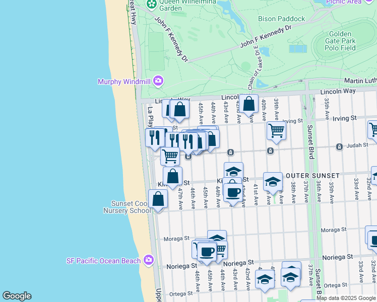map of restaurants, bars, coffee shops, grocery stores, and more near 1371 46th Avenue in San Francisco