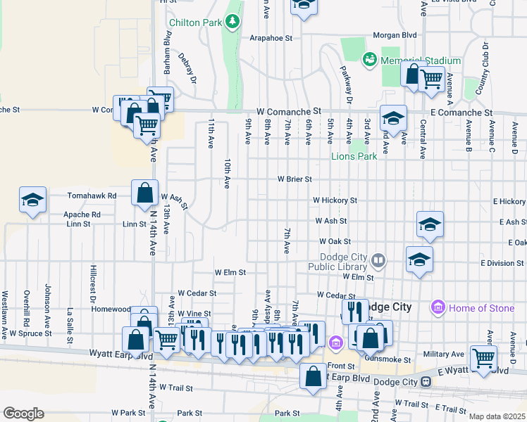 map of restaurants, bars, coffee shops, grocery stores, and more near 1305 8th Avenue in Dodge City