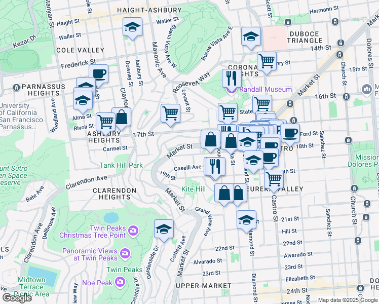 map of restaurants, bars, coffee shops, grocery stores, and more near 3041 Market Street in San Francisco