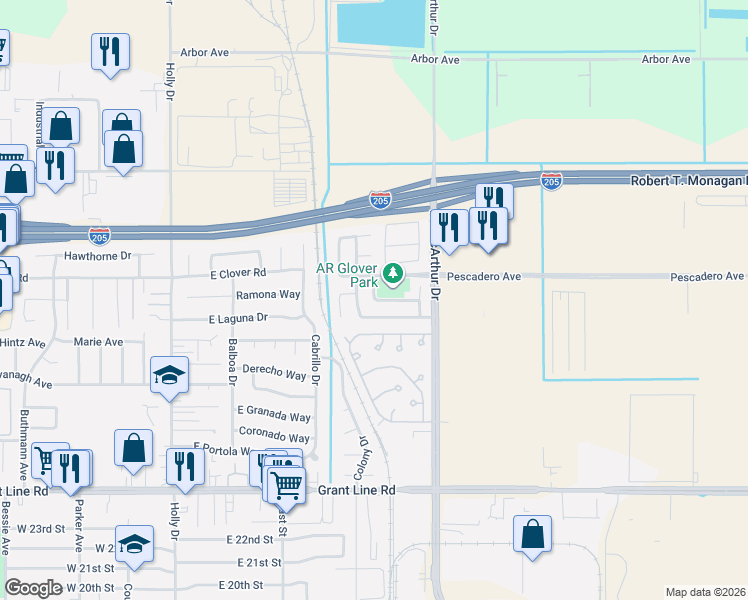 map of restaurants, bars, coffee shops, grocery stores, and more near 3333 James Wright Lane in Tracy