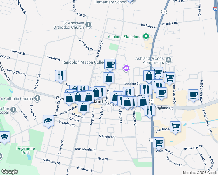 map of restaurants, bars, coffee shops, grocery stores, and more near 304 Henry Street in Ashland