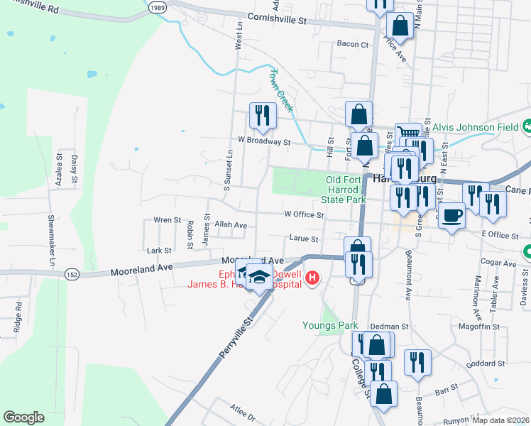 map of restaurants, bars, coffee shops, grocery stores, and more near 452 West Office Street in Harrodsburg