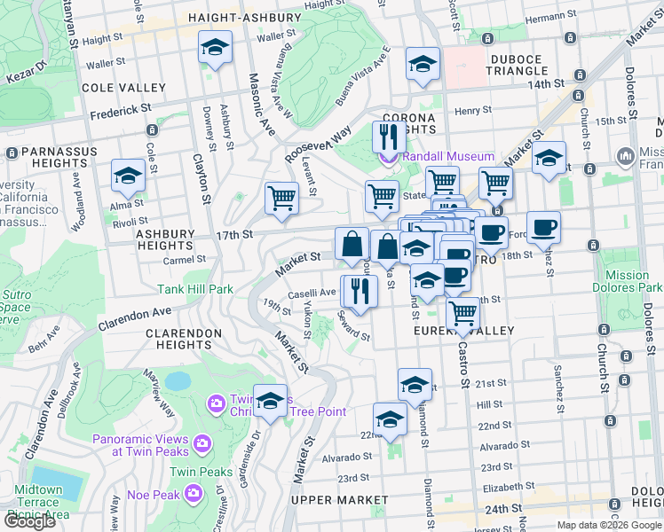 map of restaurants, bars, coffee shops, grocery stores, and more near 4600 18th Street in San Francisco