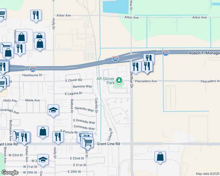 map of restaurants, bars, coffee shops, grocery stores, and more near 3294 Ernest Drive in Tracy
